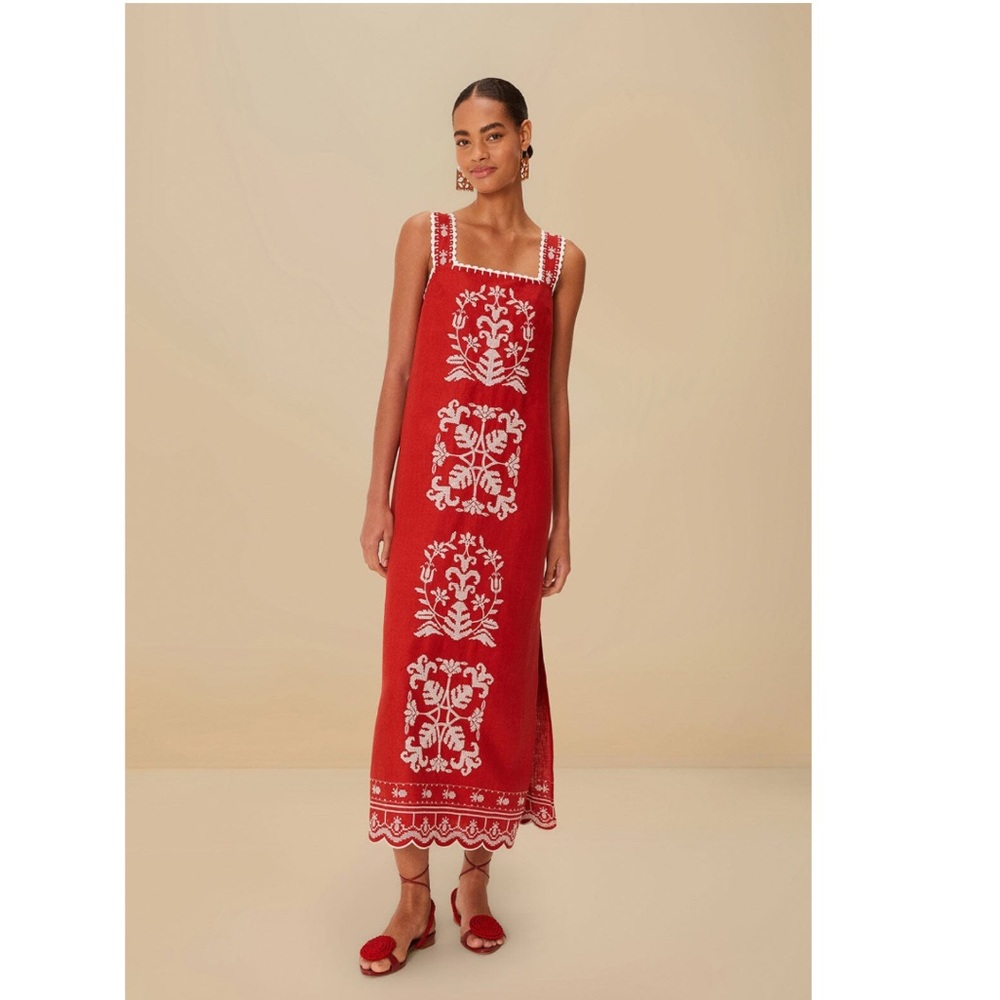 FARM Rio Red Cross Stitch Embroidered Premium Linen Midi Dress Size Small NWT